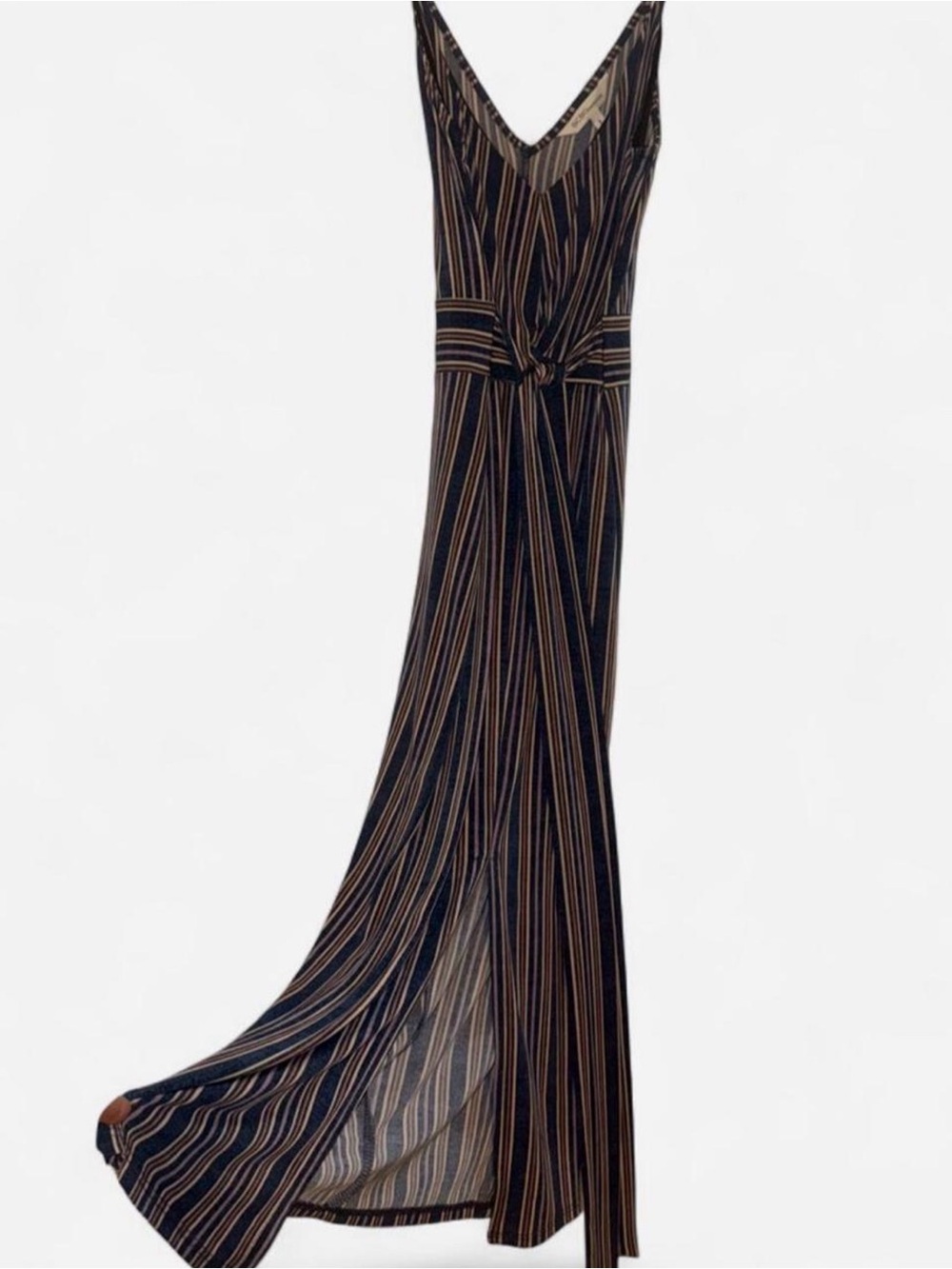 BCBGeneration Navy and Tan Striped Maxi Skirt with Front Slit